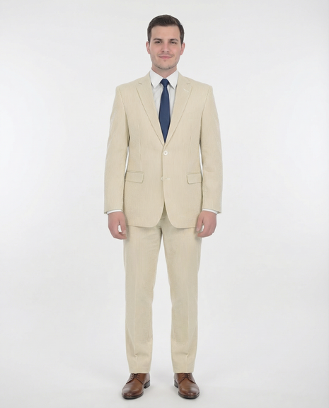 Emigre Classic Fit Tan Striped Two Button Cotton Seersucker Suit - The Suit Depot