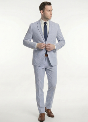 Emigre Classic Fit Blue Striped Two Button Cotton Seersucker Suit