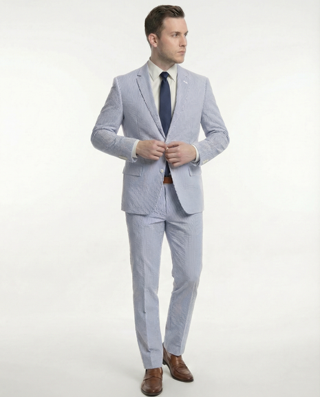 Emigre Classic Fit Blue Striped Two Button Cotton Seersucker Suit