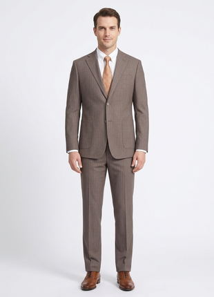 English Laundry Mens Brown Stripe Slim Fit Notch Lapel 2 Button Stretch Suit With Patch Pockets