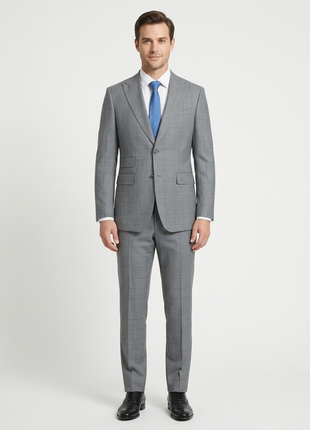 English Laundry Grey & Blue Windowpane Slim Fit Peak Lapel 2 Button Wool Suit