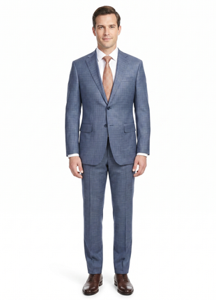 English Laundry Blue Check Slim Fit Notch Lapel Wool Blend Stretch 2 Button Suit