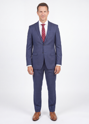 John Varvatos Mens Slim Fit Navy Blue Plaid Two Button Wool Suit - The Suit Depot