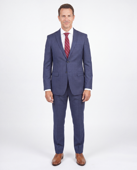 John Varvatos Mens Slim Fit Navy Blue Plaid Two Button Wool Suit