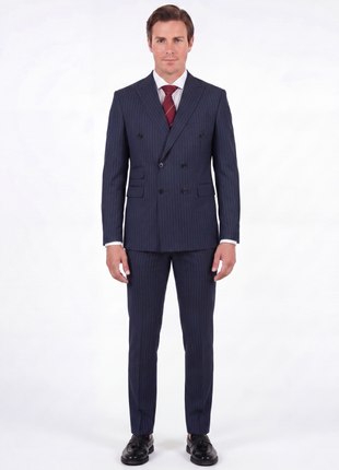 Di'nucci Slim Fit Navy With Purple Pinstripe Double Breasted Peak Lapel Wool Suit - The Suit Depot
