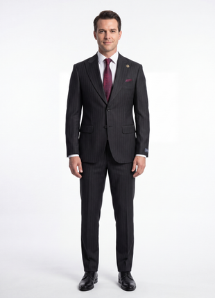 Romaster Men’s Black Pinstripe Slim Fit Peak Lapels Stretch Wool Suit