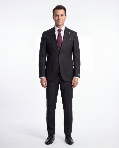 Romaster Men's Black Pinstripe Slim Fit Peak Lapels Stretch Wool