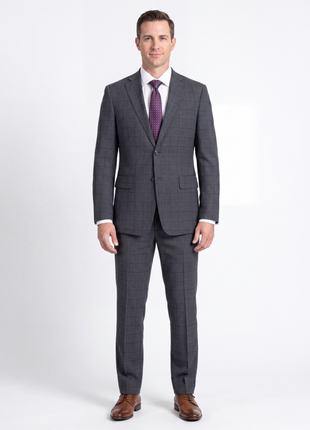 English Laundry Grid Check Charcoal Gray Slim Fit Notch Lapel Wool Stretch 2 Button Suit