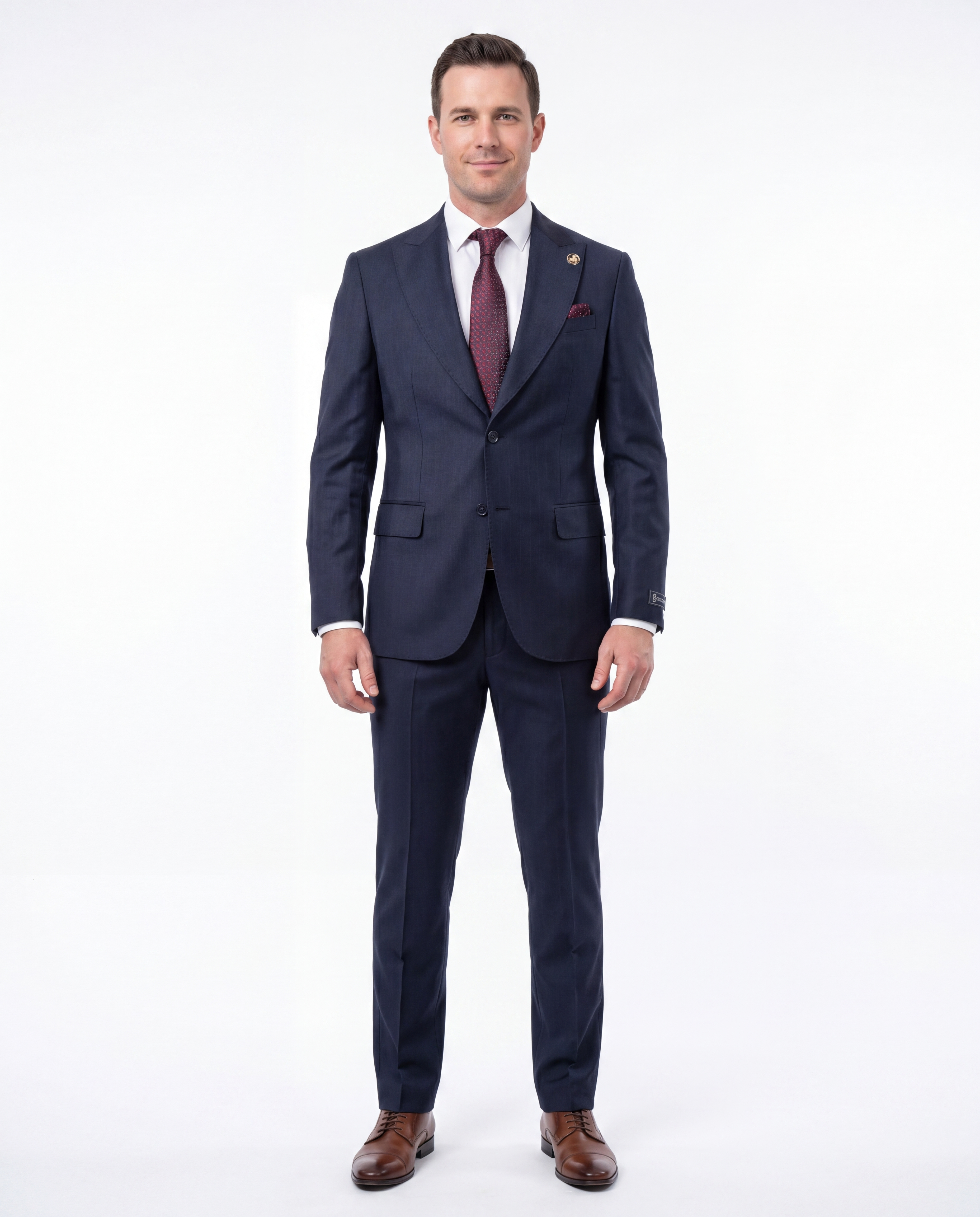 Romaster Mens Navy Pinstriped Slim Fit Peak Lapels Stretch Wool Suit, 40 / Regular Romaster Mens Navy Pinstriped Slim Fit Peak Lapels Stretch Wool Suit, 40 / Regular