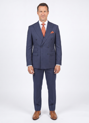 Romaster Mens Navy Blue & Brown Pinstriped Double Breasted Stretch Wool Suit
