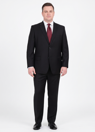 Men's Portly Fit Executive Cut Solid Black Two Button 2 Piece Wool Suit