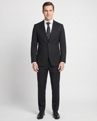 Di'nucci Slim Fit Black Textured Peak Lapel Wool Blend Suit