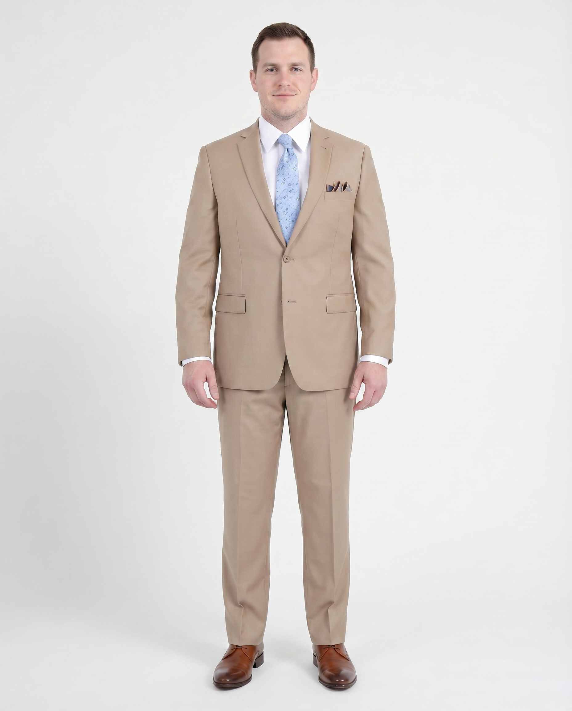 Men's Regular Fit Tan Light Brown Two Button 2 Piece 100% Wool Suit, 38 / Regular