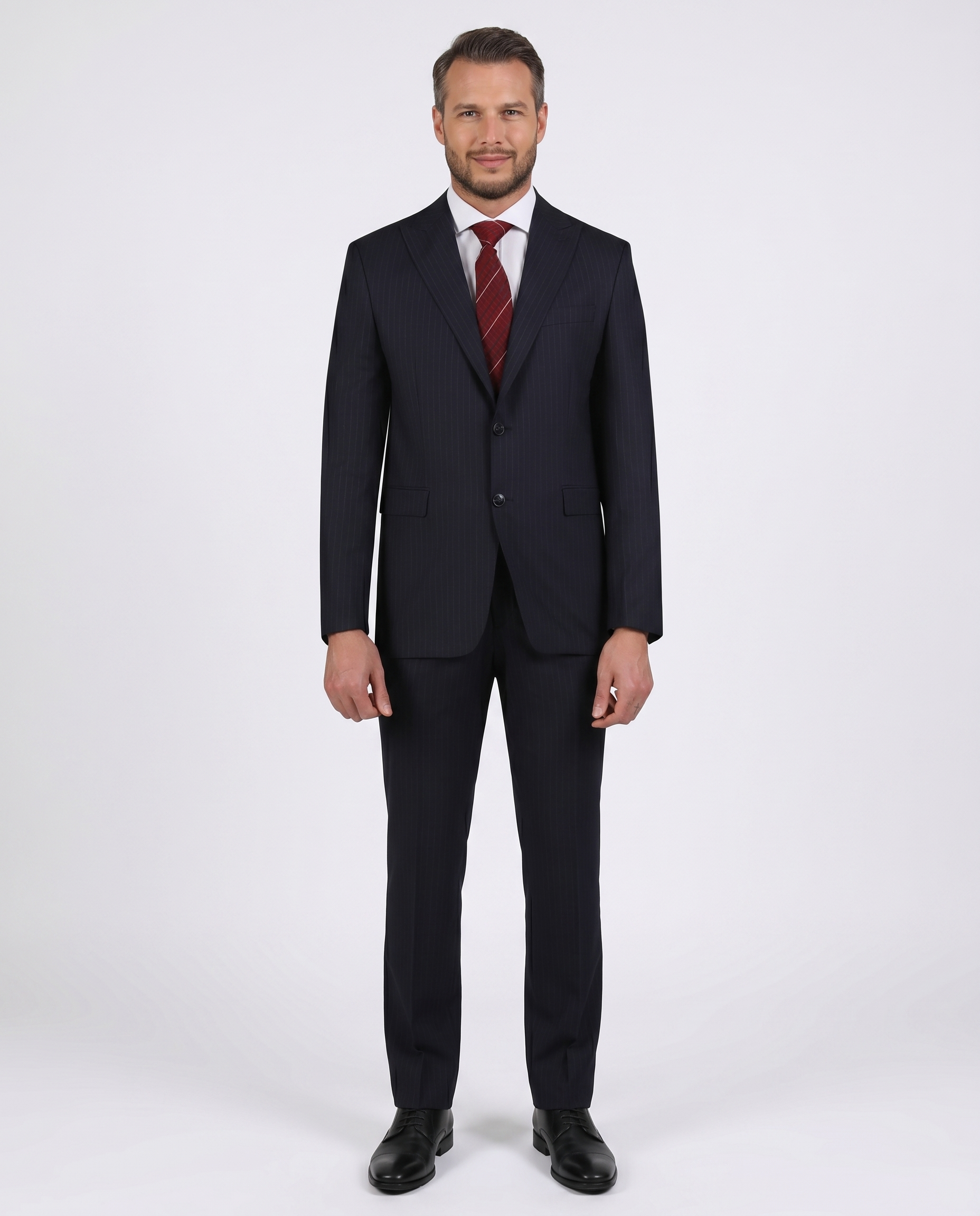 Di'nucci Slim Fit Navy With Burgundy Stripe Peak Lapel Wool Blend Suit, 42R / 36W Di'nucci Slim Fit Navy With Burgundy Stripe Peak Lapel Wool Blend Suit, 42R / 36W