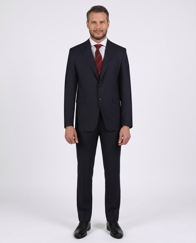 Di'nucci Slim Fit Navy With Burgundy Stripe Peak Lapel Wool Blend Suit
