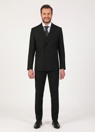 Di'nucci Mens Slim Fit Solid Black Double Breasted Wool Blend Suit - The Suit Depot