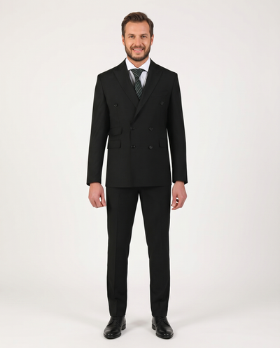 Di'nucci Mens Slim Fit Solid Black Double Breasted Wool Blend Suit