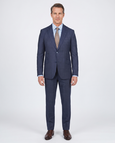 Slim Fit Blue Check Guabello Wool Light Flannel Suit