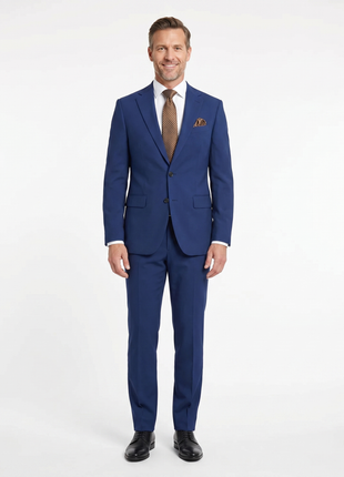 Mens Solid Blue Slim Fit 100% Stretch Wool Prehemmed Suit