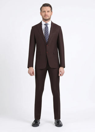 Di'nucci Slim Fit Burgundy Textured Peak Lapel Wool Blend Suit