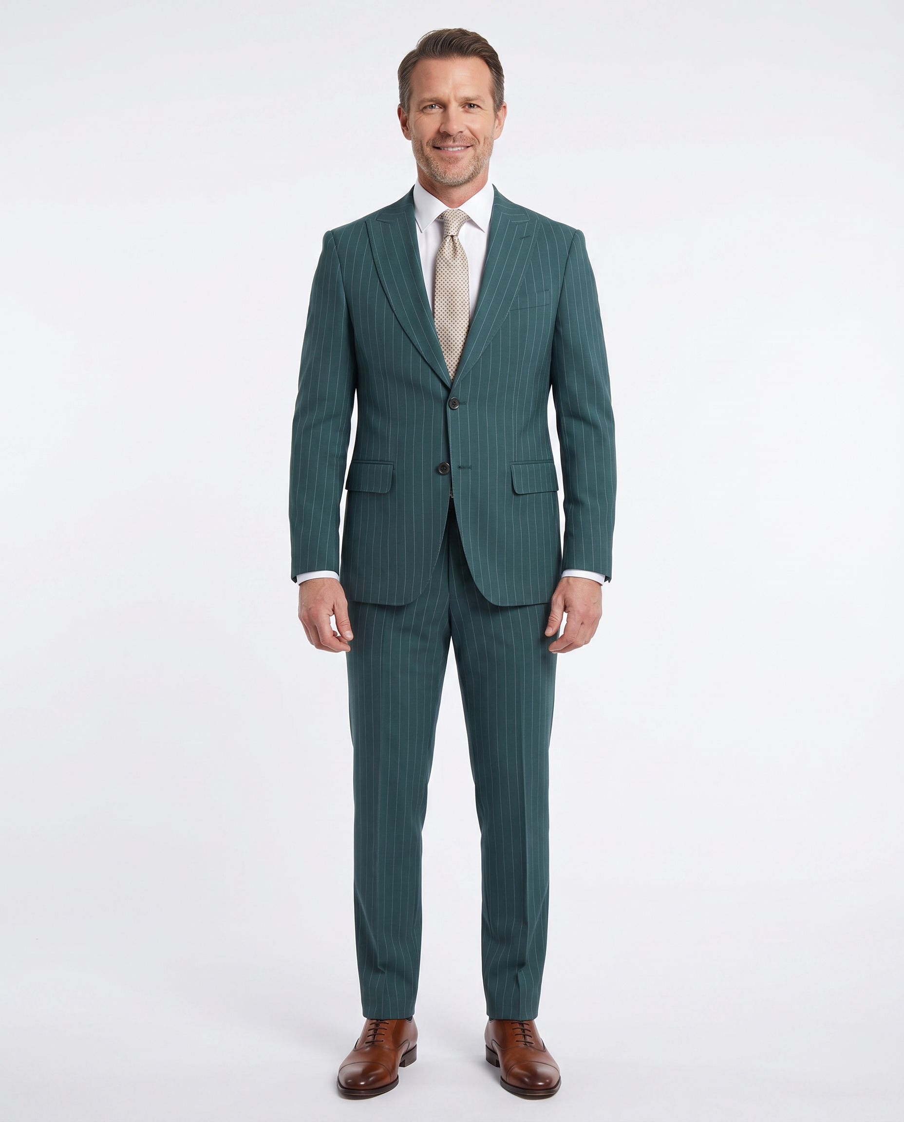 Romaster Men's Green Pinstripe Slim Fit Peak Lapels Stretch Wool