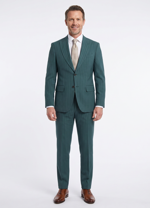Romaster Men’s Green Pinstripe Slim Fit Peak Lapels Stretch Wool Blend Suit