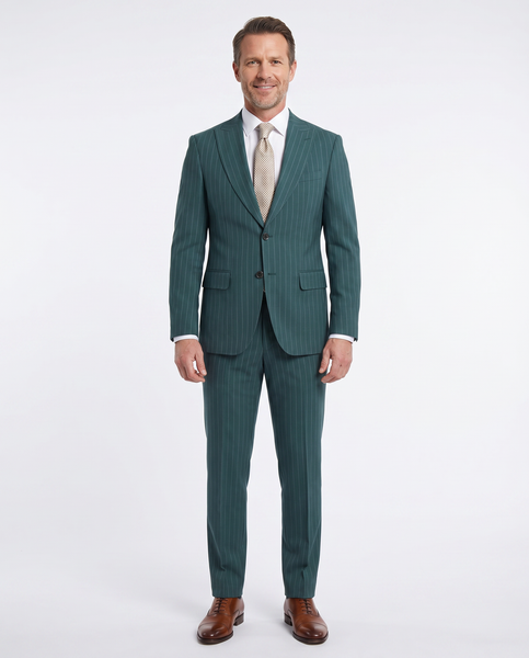 Romaster Men's Green Pinstripe Slim Fit Peak Lapels Stretch Wool
