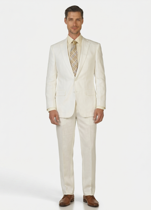 Label E Men's Solid White Classic Fit 100% Linen Suit