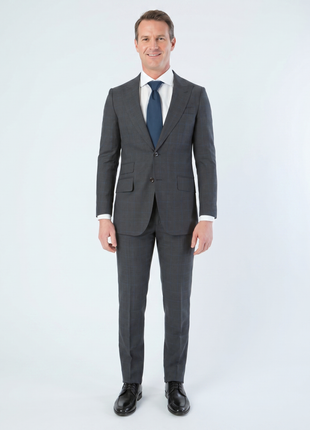 Sartoria Mazara Mens Slim Fit Charcoal Gray With Blue Check 100% Wool Suit With Peak Lapels