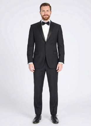 Blujacket Mens Solid Black 100% Wool Regular Fit Tuxedo Suit With Satin Lapel
