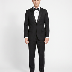 Manzini Mens Black 100% Wool Classic Fit Tuxedo Suit With Satin Peak Lapels - The Suit Depot