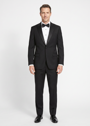 Manzini Mens Black 100% Wool Classic Fit Tuxedo Suit With Satin Peak Lapels - The Suit Depot