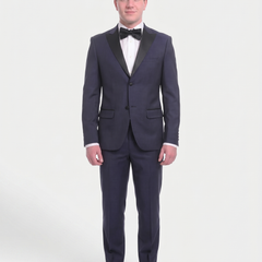 Unique Slim Fit Midnight Blue Subtle Sheen Wool Tuxedo Suit Satin Peak Lapels - The Suit Depot