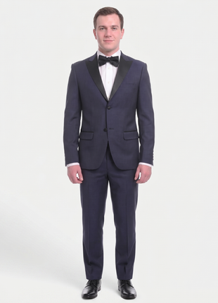 Unique Slim Fit Midnight Blue Subtle Sheen Wool Tuxedo Suit Satin Peak Lapels - The Suit Depot