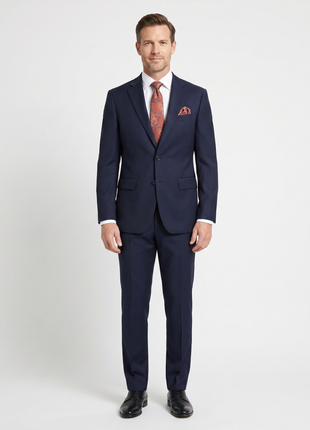 Mens Solid Navy Blue Slim Fit 100% VBC Wool Prehemmed Suit
