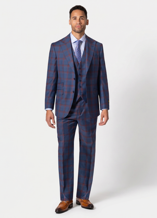 Beragamo Elegant Men Blue Plaid Classic Fit 100% Wool 3 Piece Suit & Peak Lapels