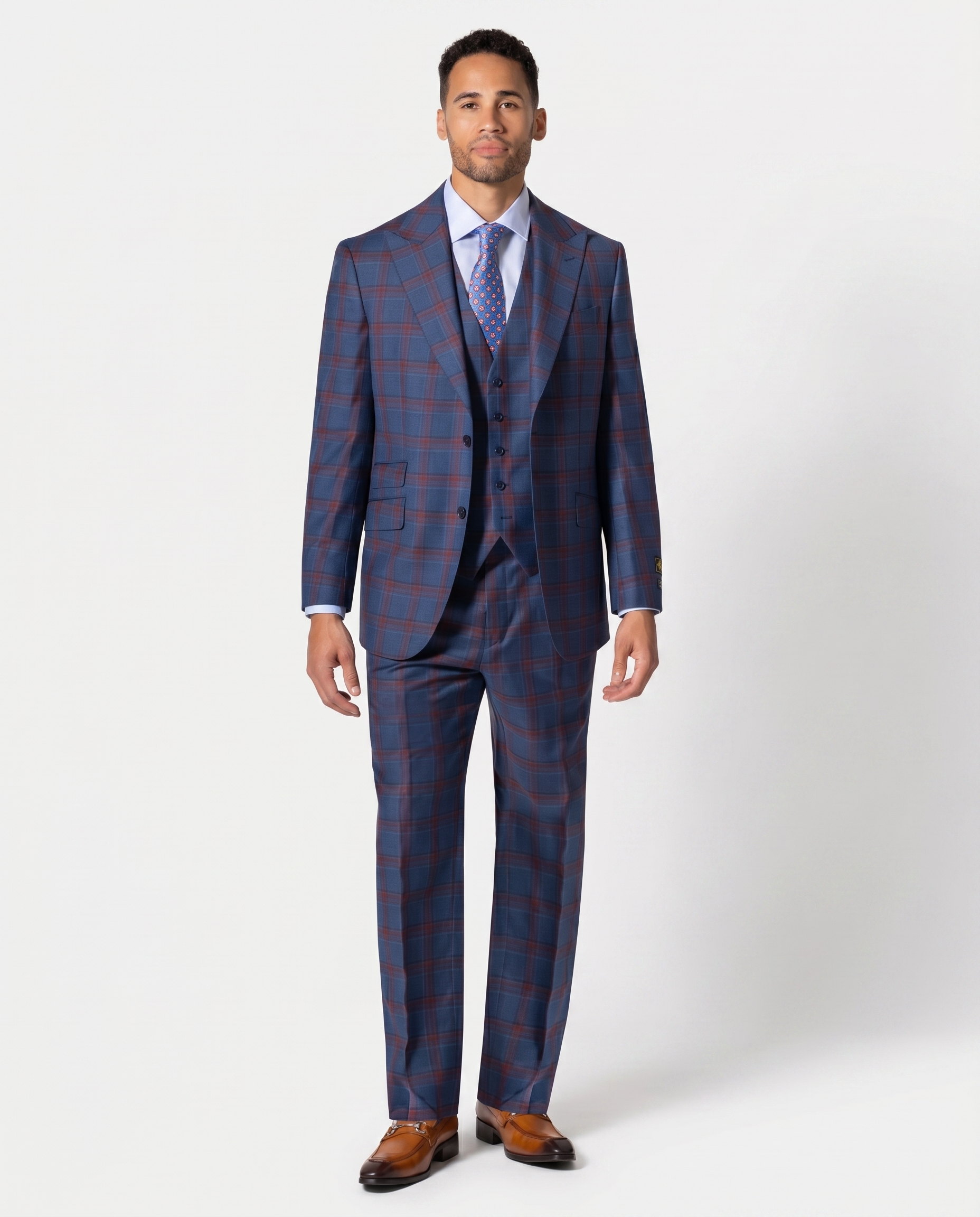 Beragamo Elegant Men Blue Plaid Classic Fit 100% Wool 3 Piece Suit & Peak Lapels, 50 / Long Beragamo Elegant Men Blue Plaid Classic Fit 100% Wool 3 Piece Suit & Peak Lapels, 50 / Long