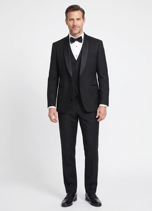 Cemden Mens Slim Fit Solid Black 1 Button 3 Piece Tuxedo Suit With Shawl Lapels