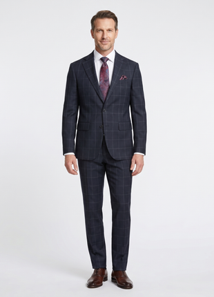 Mens Navy Blue Windowpane Slim Fit 100% VBC Wool Prehemmed Suit