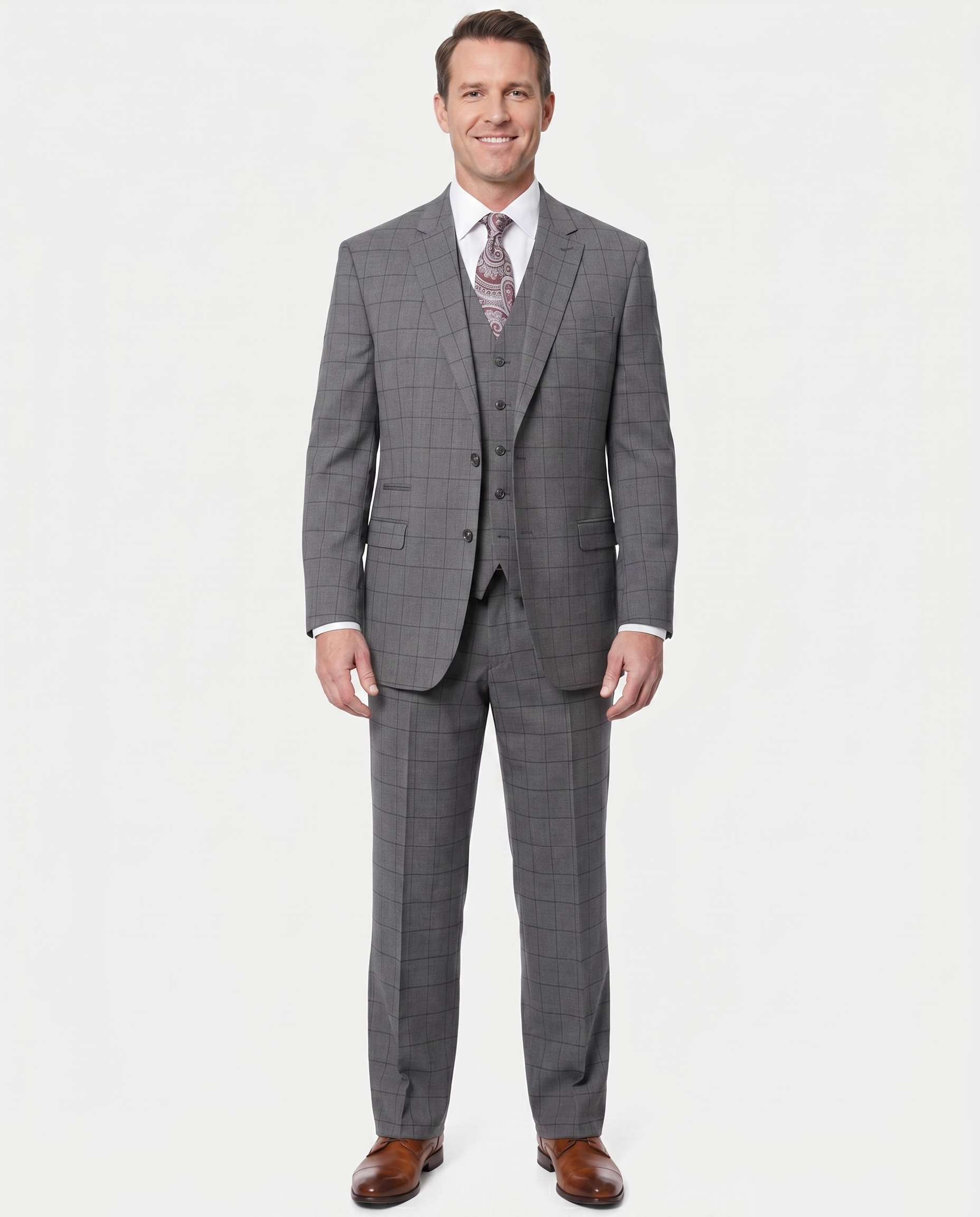 Extrema Mens Gray Check Wool Blend 3 Piece Vested Regular Fit Suit, 52 / Regular