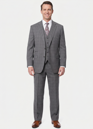 Extrema Mens Gray Check Wool Blend 3 Piece Vested Regular Fit Suit - The Suit Depot