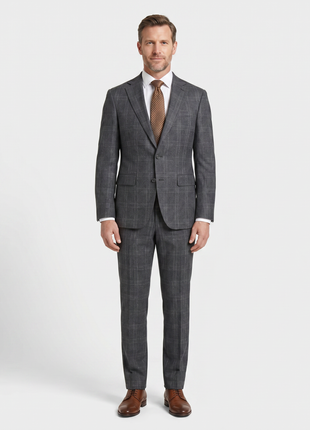 Mens Charcoal Gray Plaid Slim Fit 100% VBC Wool Prehemmed Suit
