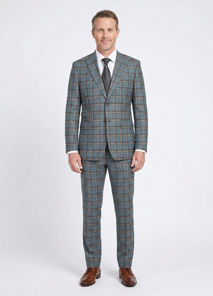 English Laundry Teal With Brown Windowpane Slim Fit Peak Lapel Wool Blend Suit