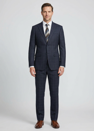 English Laundry Dark Navy Check Windowpane Slim Fit Notch Lapel Wool Suit