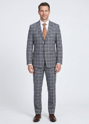 English Laundry Gray Windowpane Slim Fit Notch Lapel Wool Blend Stretch 2 Button Suit