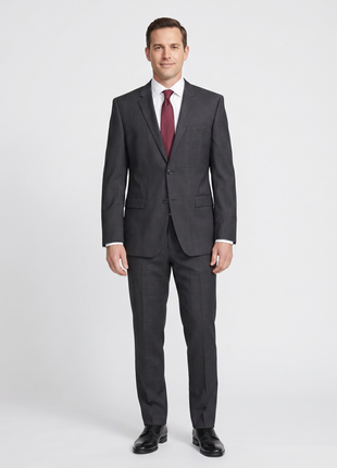 Hugo Boss Mens 42L Charcoal Plaid 100% Wool Slim Fit Two Piece Suit