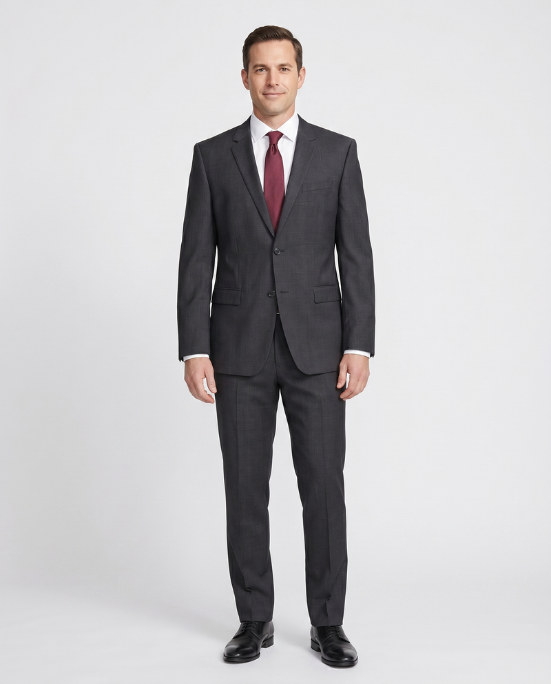Hugo Boss Mens 42L Charcoal Plaid 100% Wool Slim Fit Two Piece