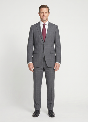 Hugo Boss Mens 42L Gray Windowpane 100% Wool Slim Fit 2 Piece Suit
