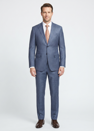 English Laundry Blue Check Slim Fit Notch Lapel Wool Blend Stretch 2 Button Suit