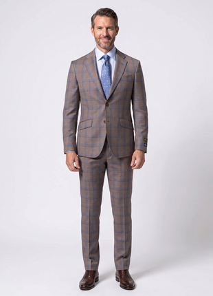 Beragamo Elegant Mens Brown Plaid Slim Fit 100% Wool 2 Piece Suit